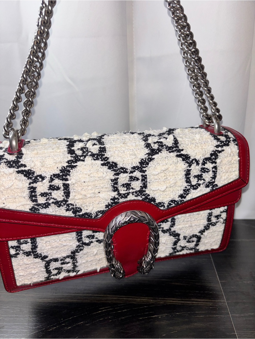 Gucci Tweed Dionysus bag Red and White with Gun Metal Hardware